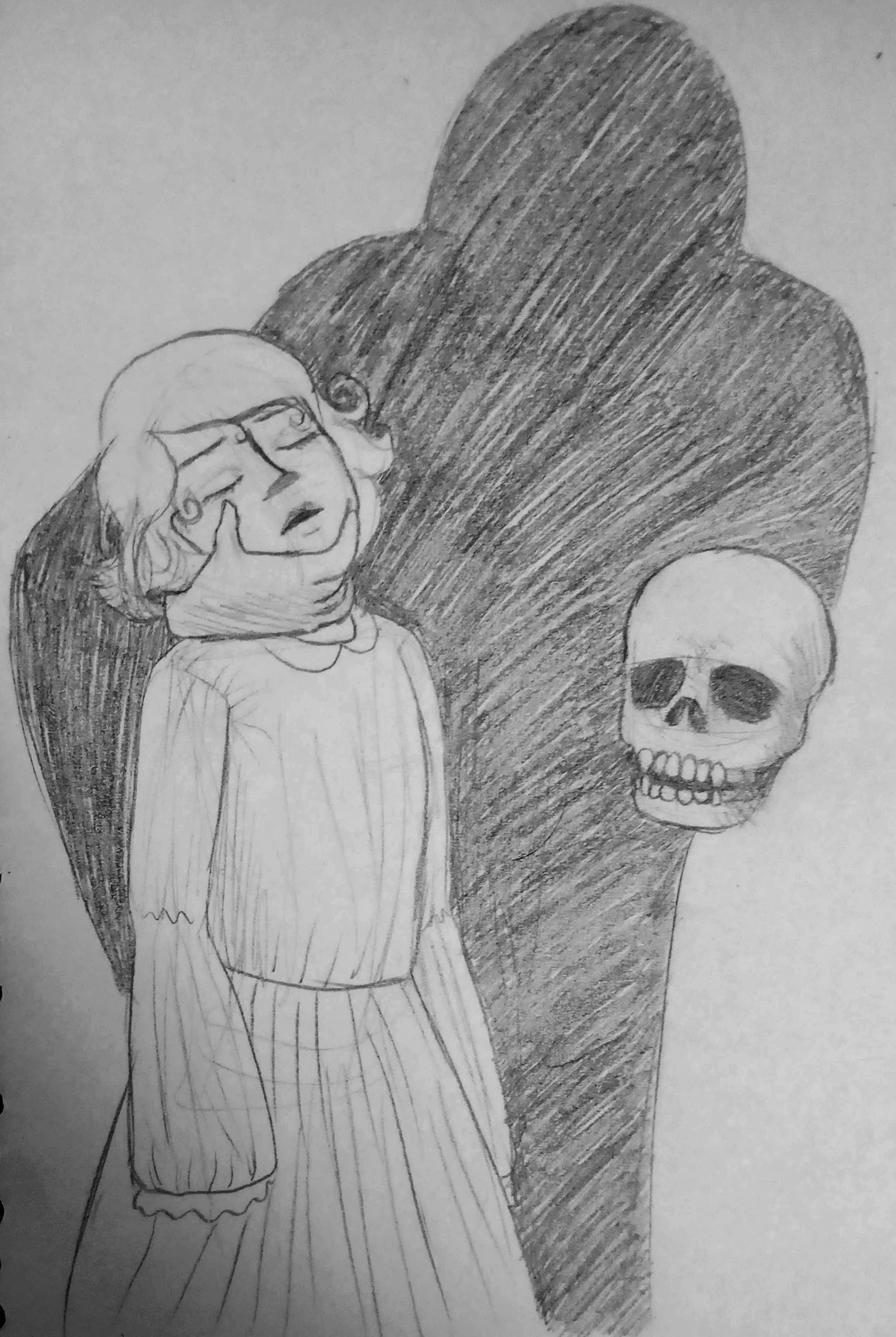 Dibujo tradicional de una sombra sosteniendo a una niña y una calavera